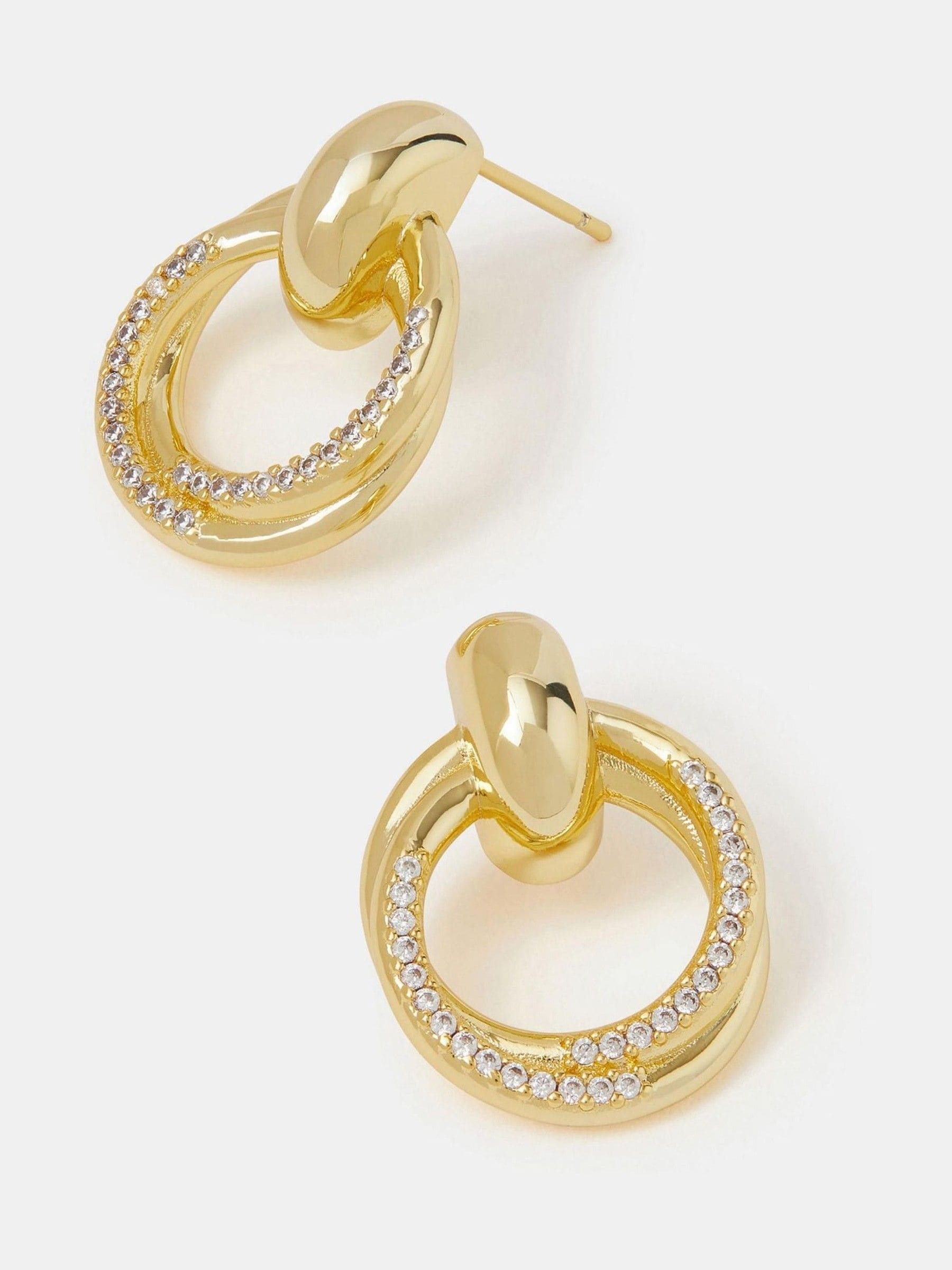 Gold Tone 14ct Plated Diamanté Doorknocker Drop Earrings