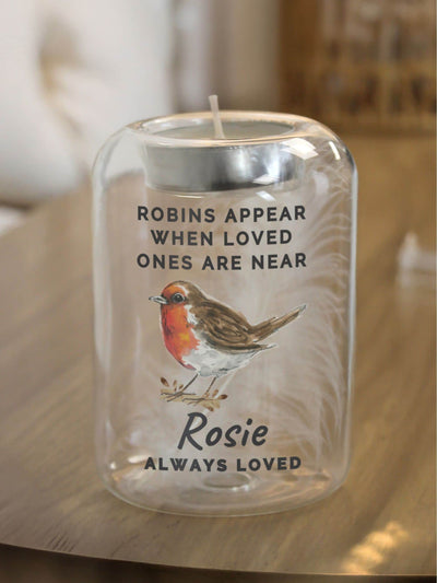 PMC Personalised Robin Memorial Glass Tealight Holder
