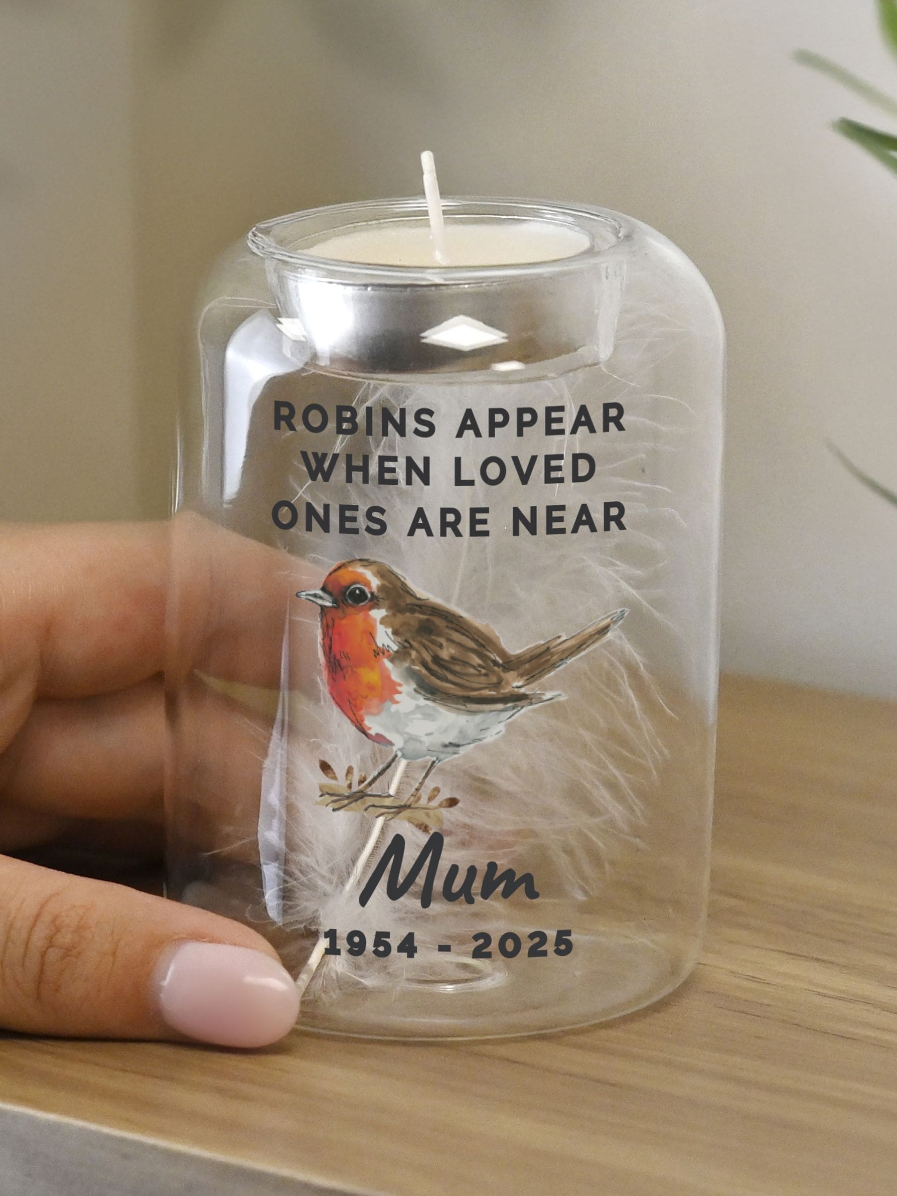 PMC Personalised Robin Memorial Glass Tealight Holder, imported from the UK