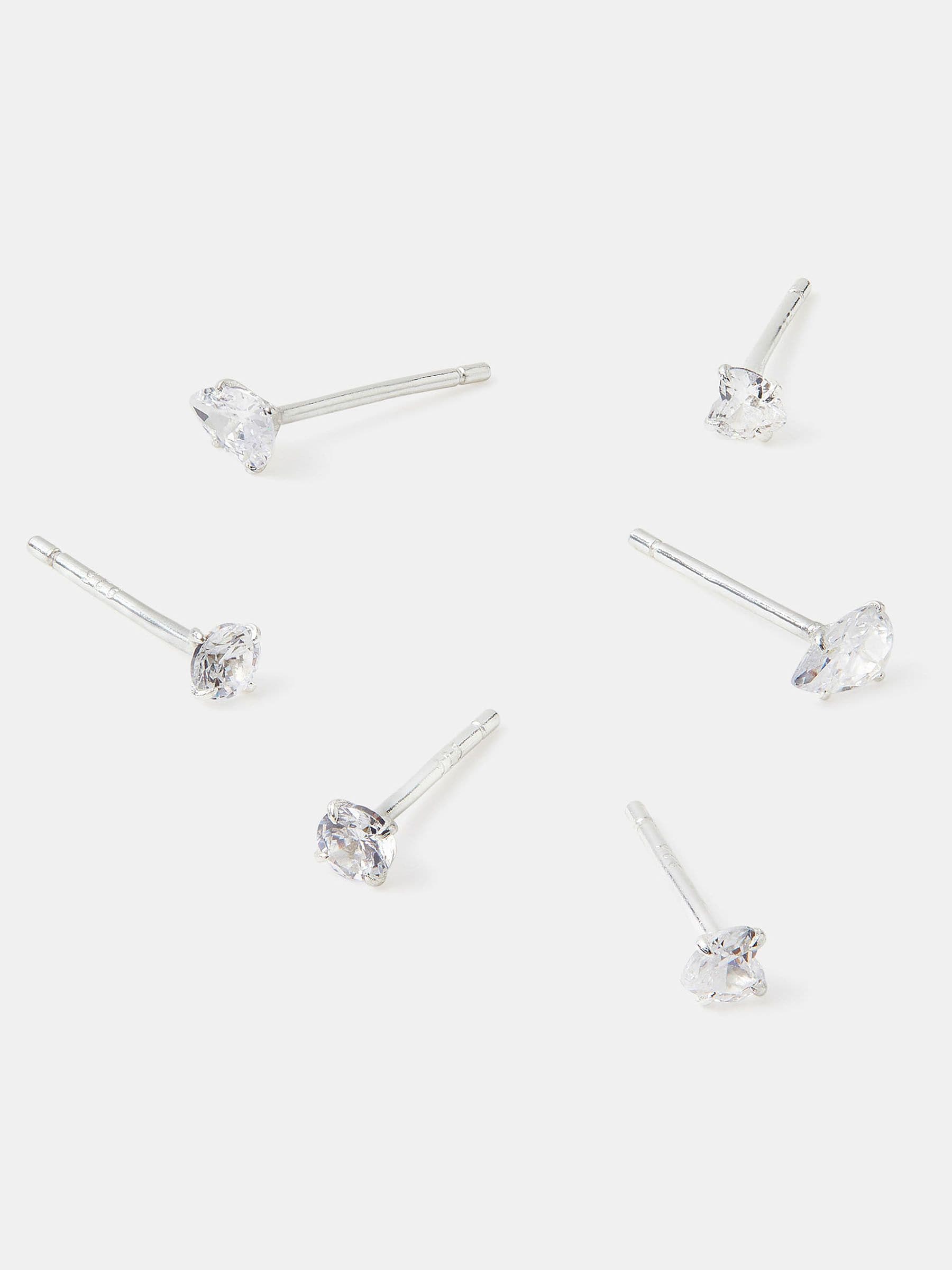 Sterling Silver 3-Pack Diamanté Stud Earrings with Round, Heart, and Pear Finishes