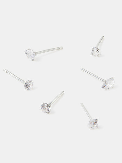 Sterling Silver 3-Pack Diamanté Stud Earrings with Round, Heart, and Pear Finishes