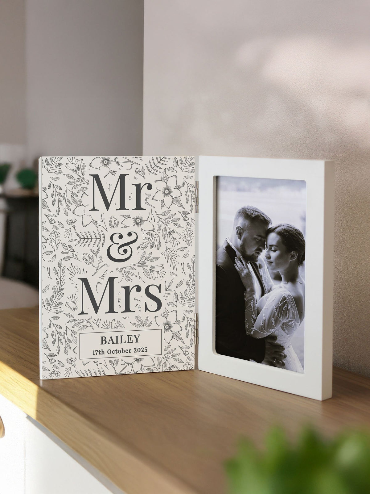 PMC personalised wedding wooden hinged 6x4 photo frame, imported from the UK