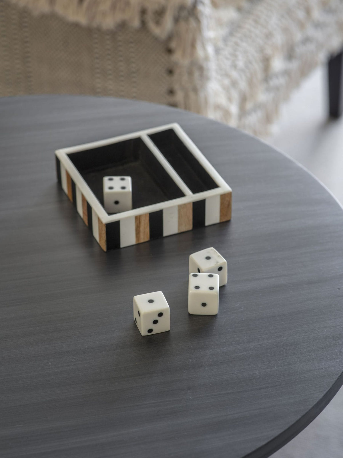 Libra Interiors Set of 4 White Wooden Dice in a Tray