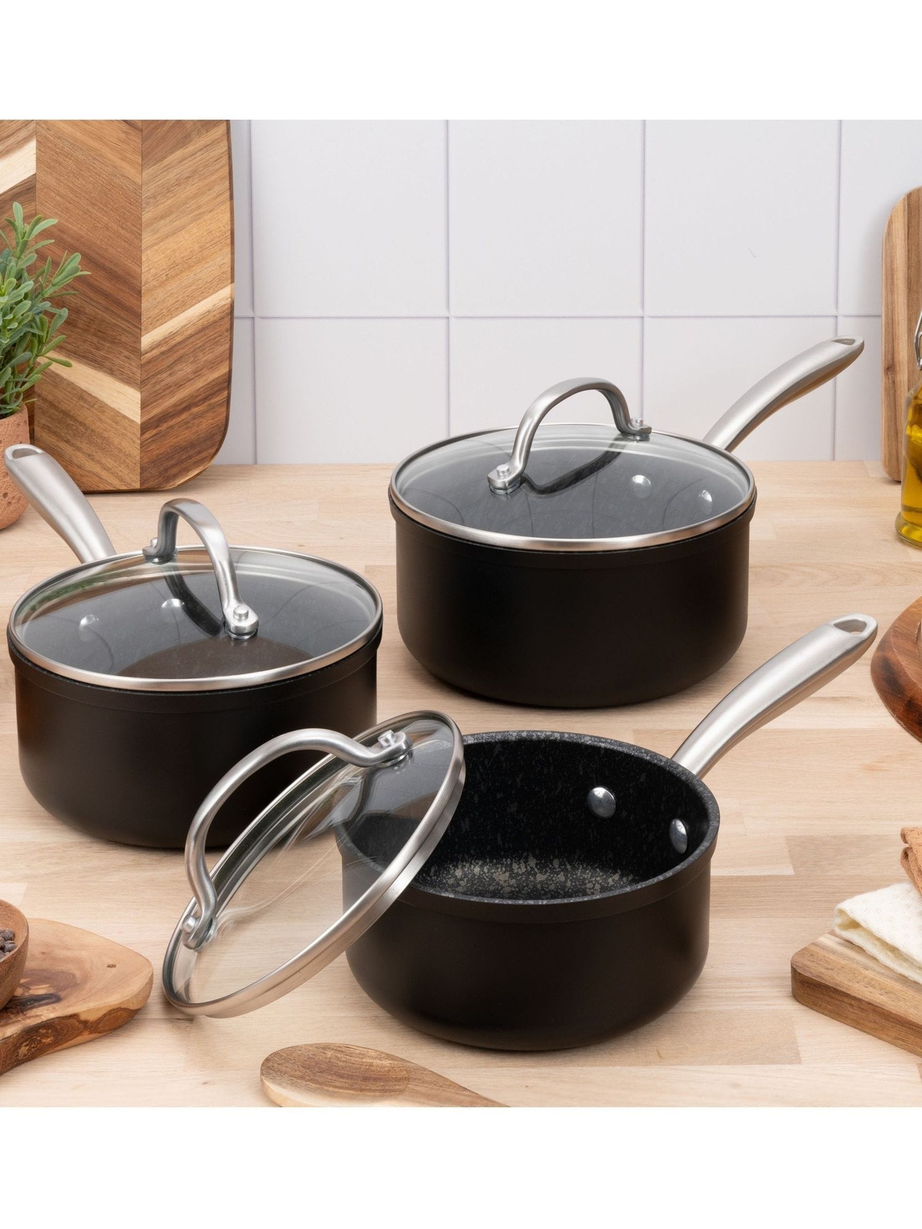 Prestige Black Scratch Guard Non-Stick Aluminium Saucepan Set, imported from the UK