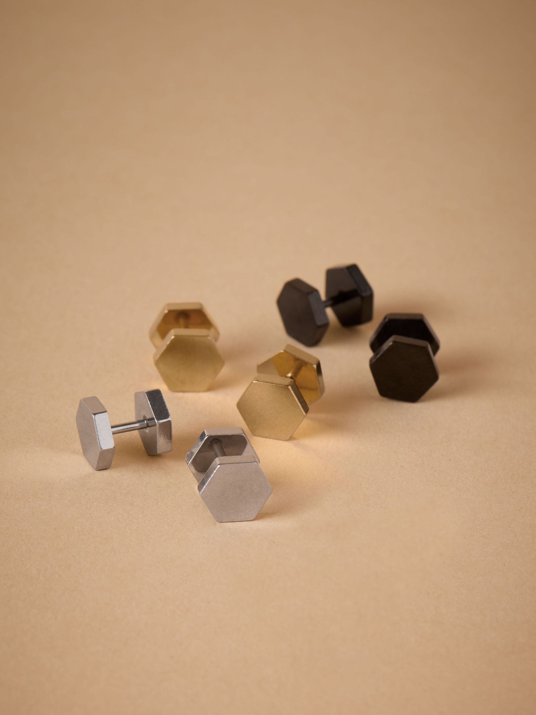 DCK Mens Silver Tone Stainless Steel Hexagon Stud Earrings Pack
