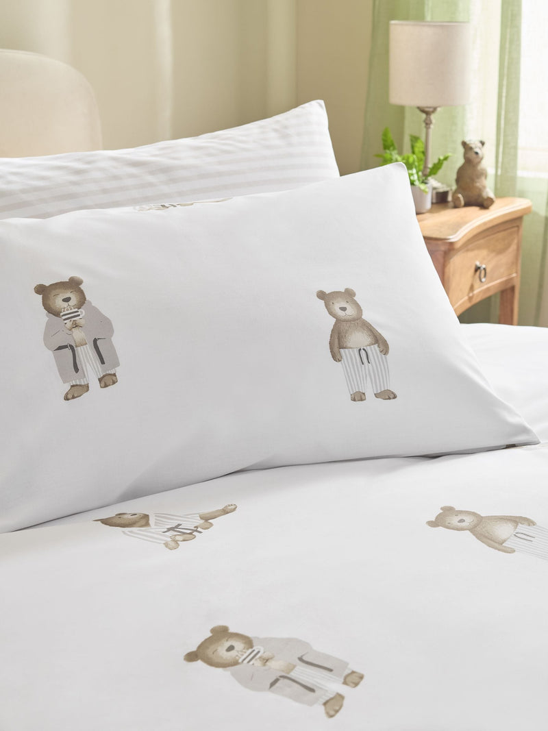 White Natural Bertie Bear reversible duvet cover and pillowcase set (British brand)