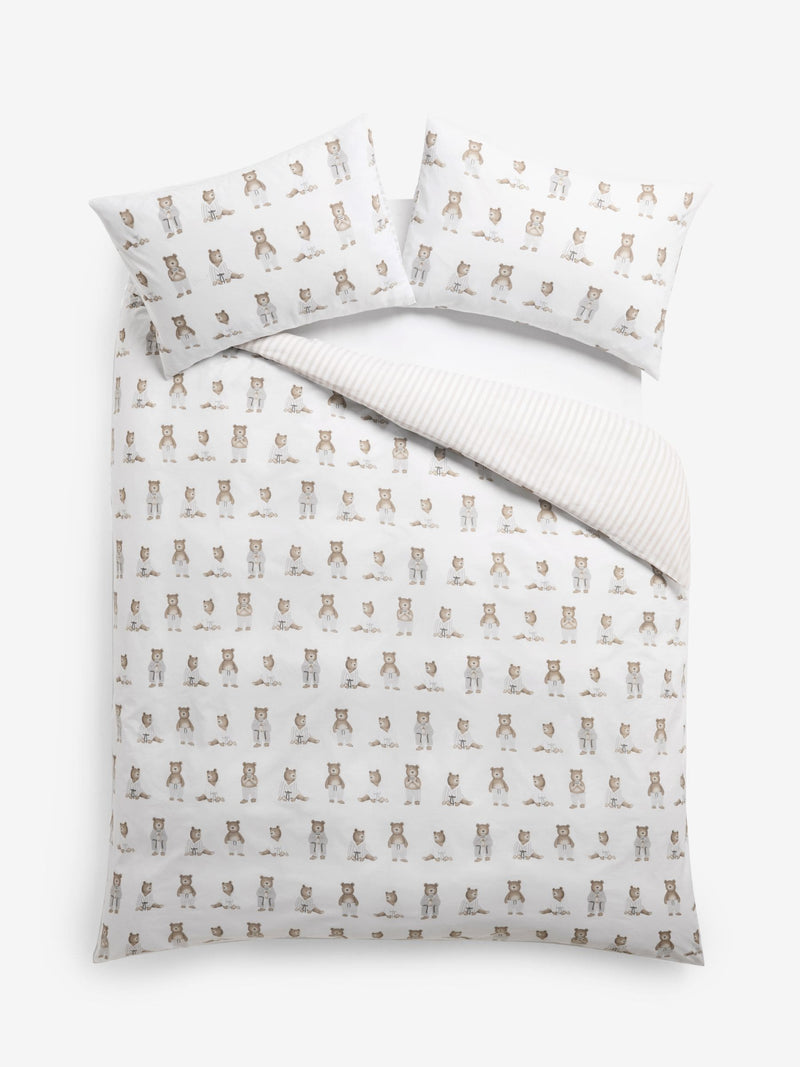 White Natural Bertie Bear reversible duvet cover and pillowcase set (British brand)