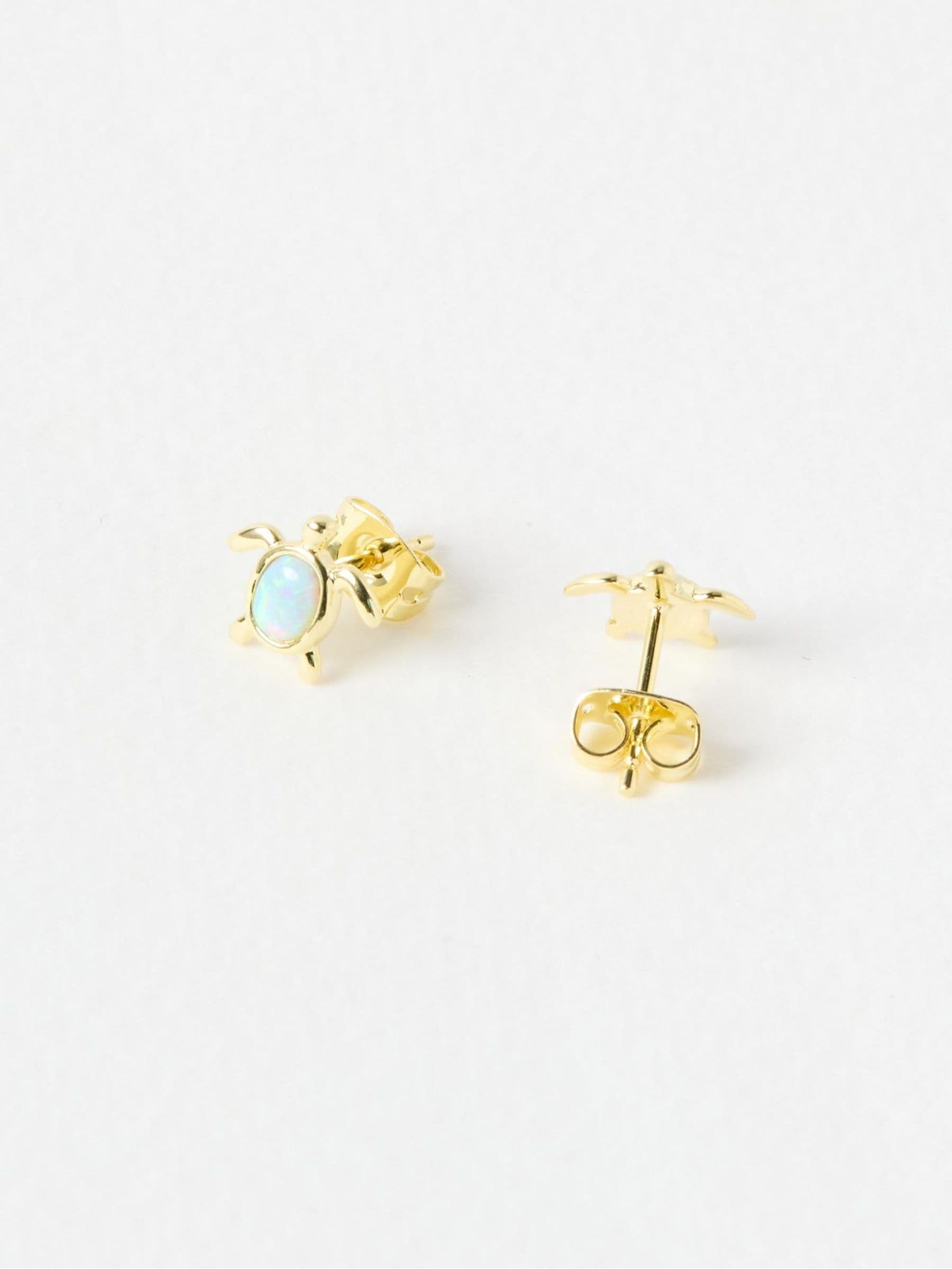 Oliver Bonas gold plated opalite turtle stud earrings, imported from the UK