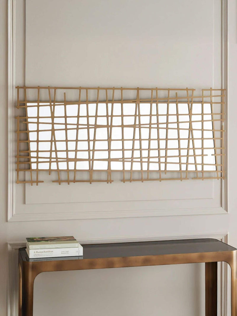 Libra Interiors Gold Lattice Wall Decor Mirror Brass Finish