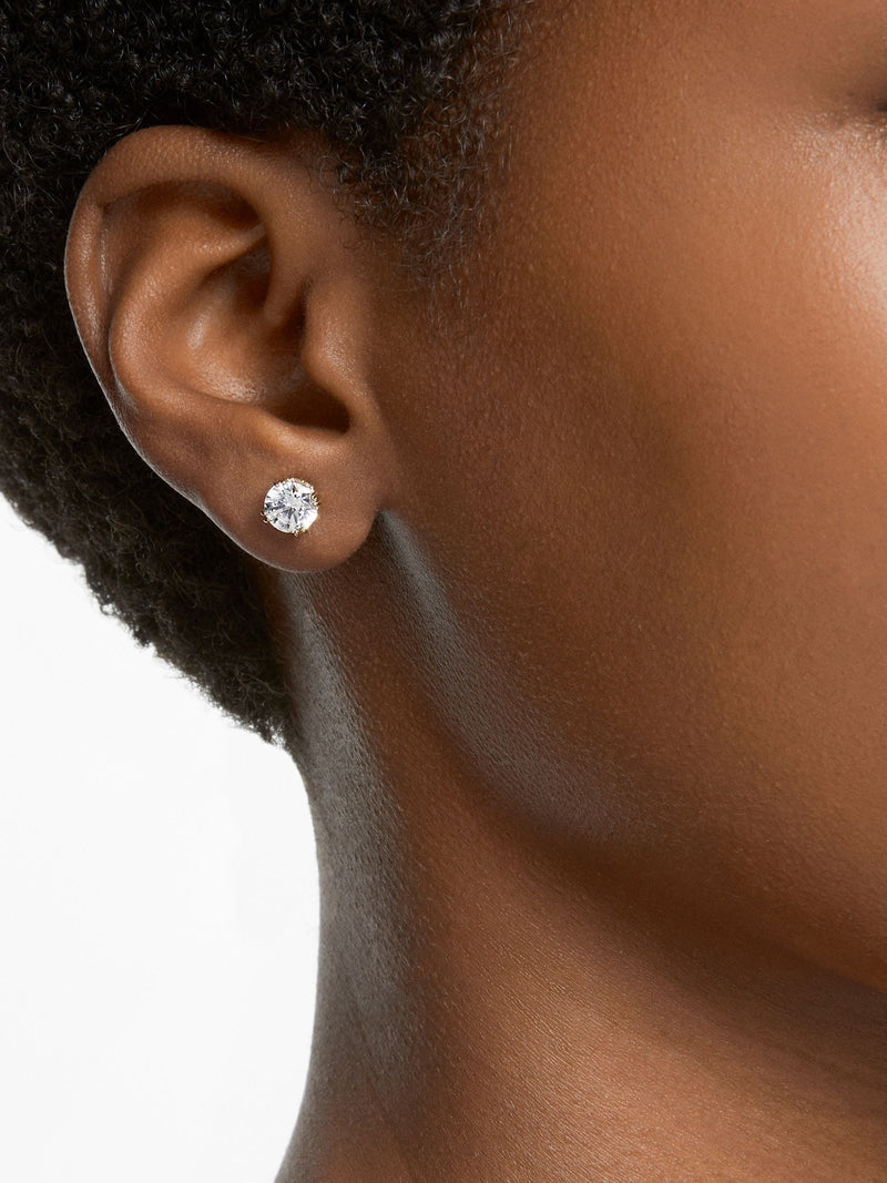 Elegant Gold-Tone Stud Earrings with Pavé Accents and Double-Prong Setting