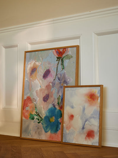 Paper Collective Grey Orange Blau Pink Three Flowers Grafischer Kunstdruck