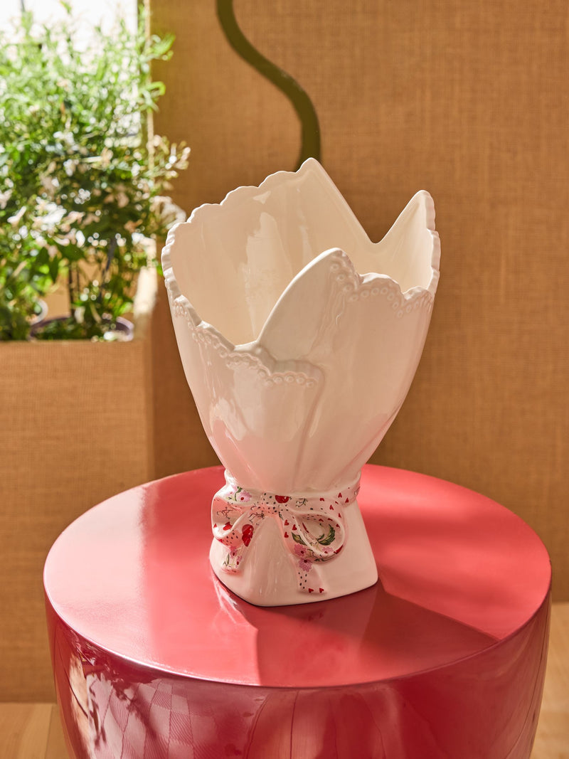Ceramic Bouquet Vase in White with Green Ribbon