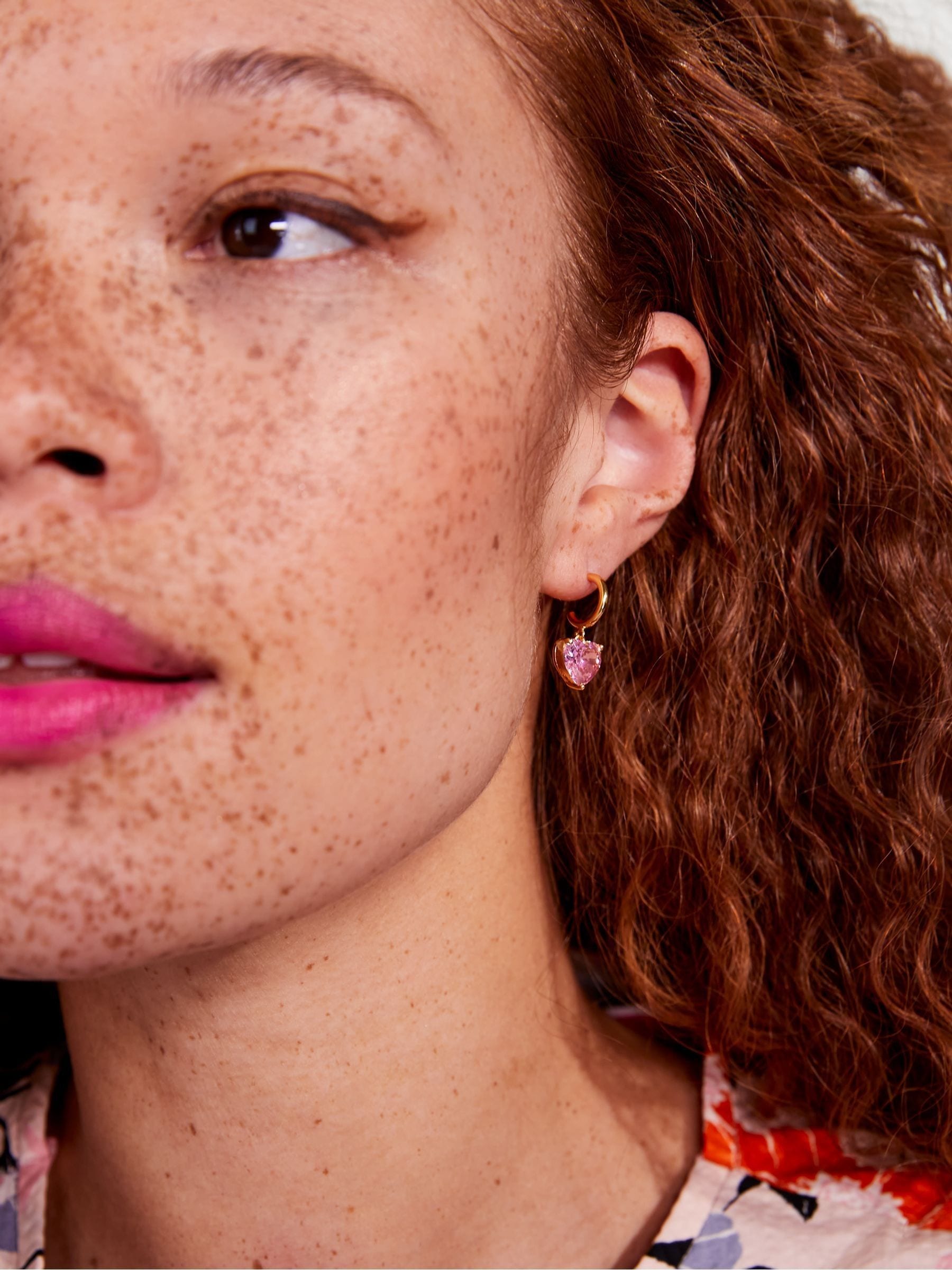 Pink Heart-Shaped Huggies Earrings with Glittering Gems
