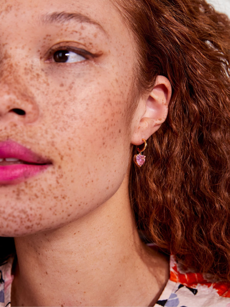 Pink Heart-Shaped Huggies Earrings with Glittering Gems