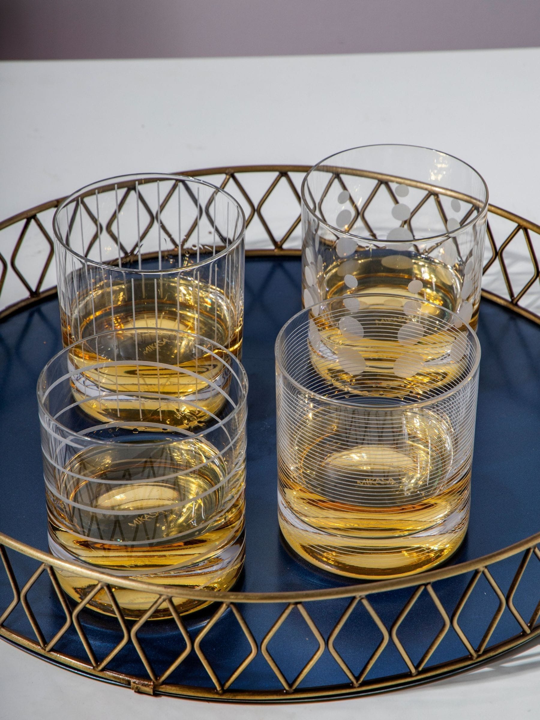 Mikasa Silver Cheers whiskey tumbler glass set of 4, imported from the UK
