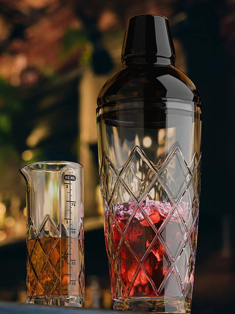 Jeray Clear Black/White Glass Yarai Cocktail Shaker and Jigger
