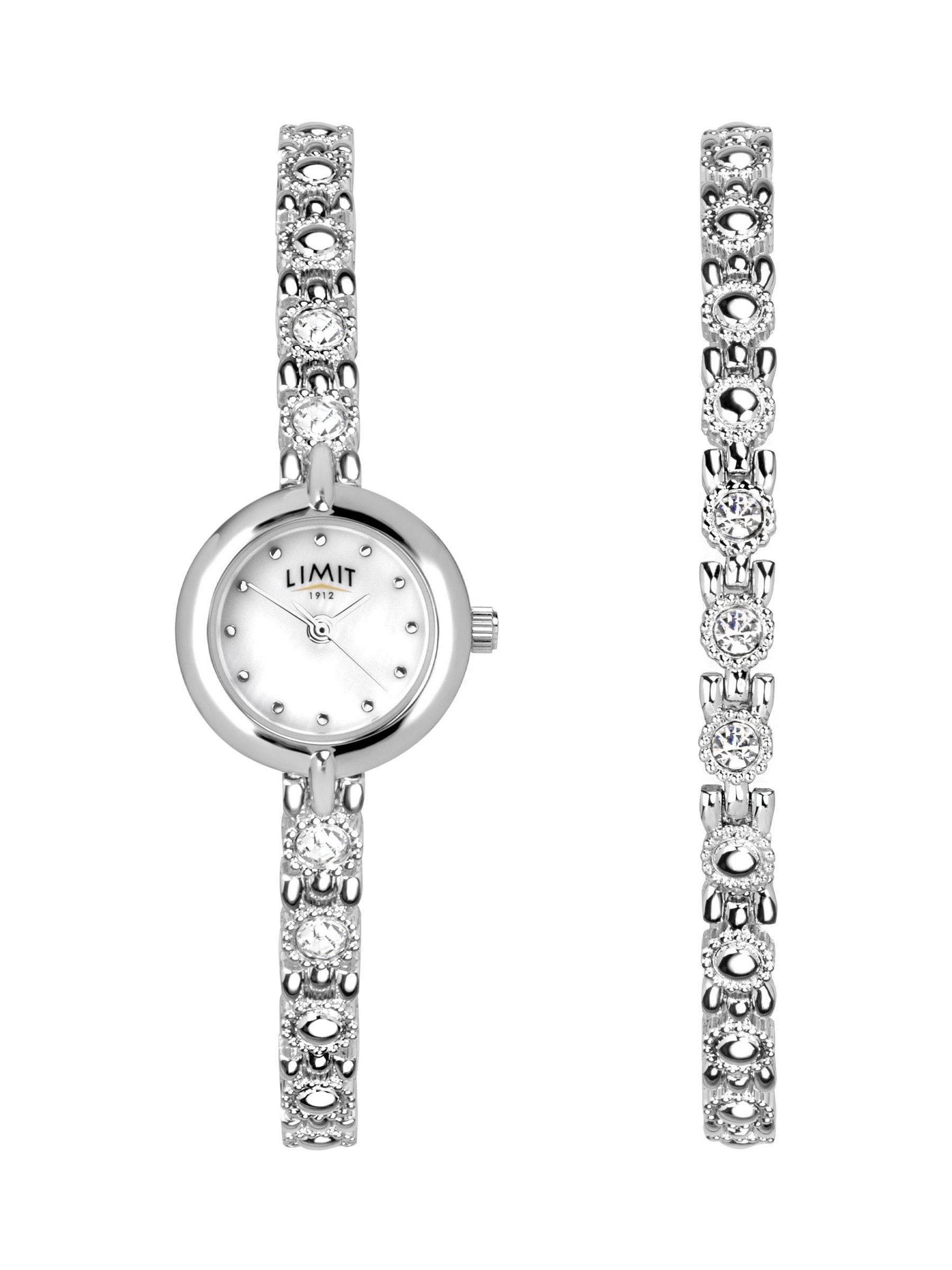 Limit silver round analog watch with stone set bracelet 22mm, UK version