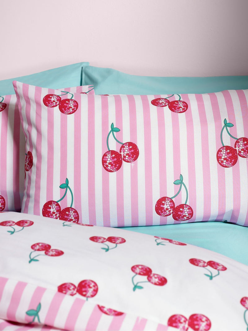 Catherine Lansfield pink disco cherries stripes reversible duvet cover set - British product
