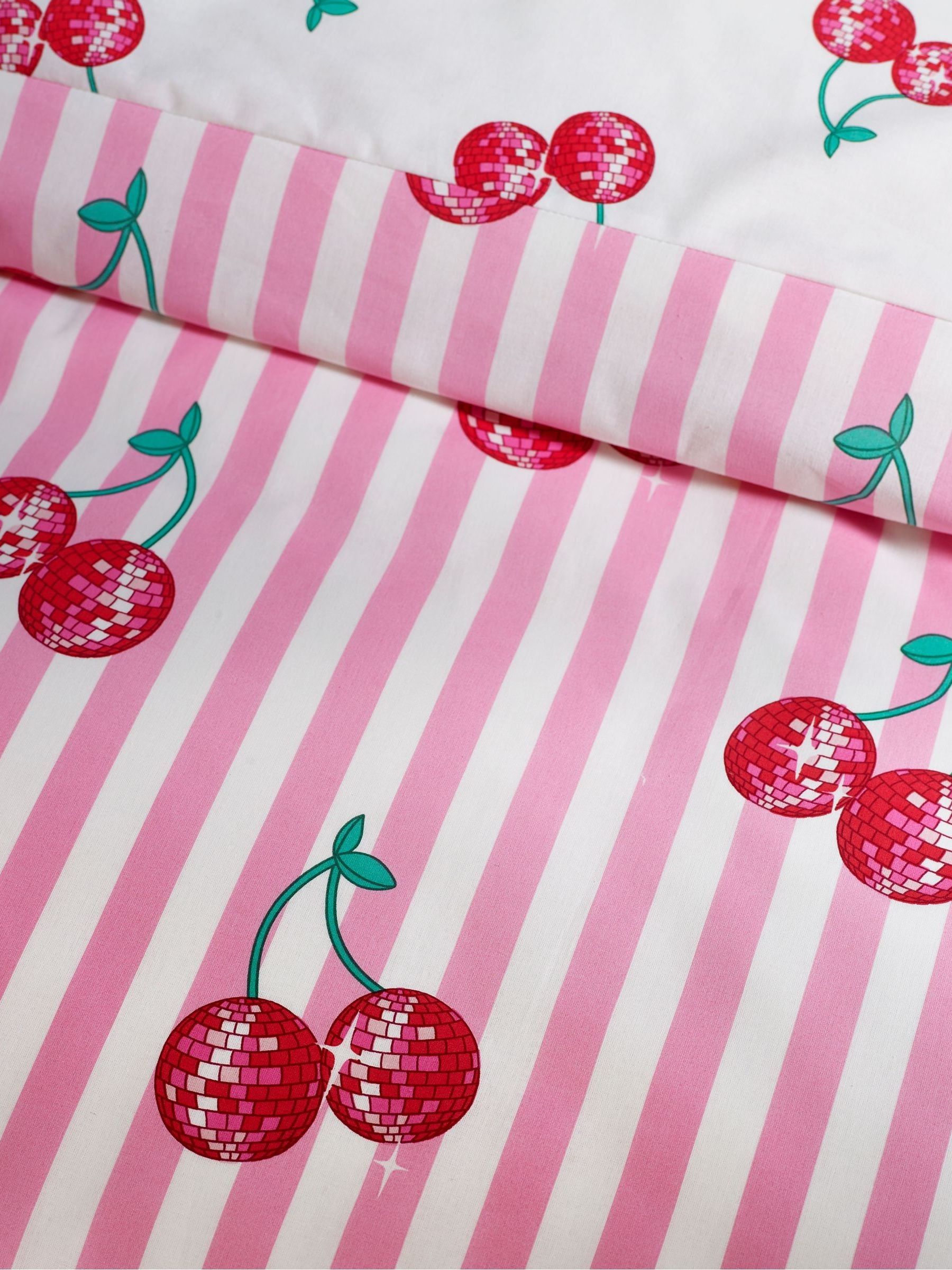 Catherine Lansfield pink disco cherries stripes reversible duvet cover set - British product