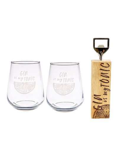 Selbrae House Clear Brown Gin Is My Tonic Glass & Bottle Opener Gift Set