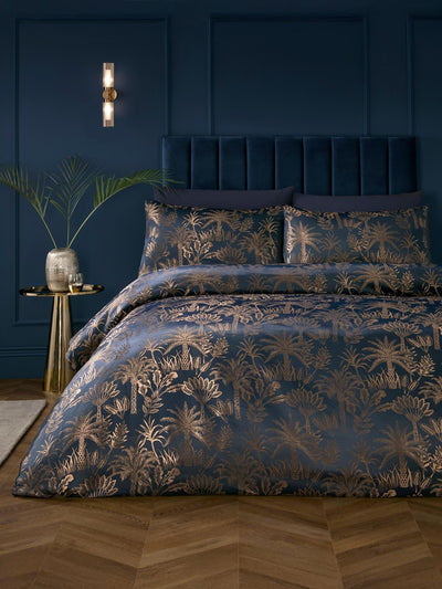 Soiree Navy Mitternachts-Palmen-Jacquard-Bettbezug-Set