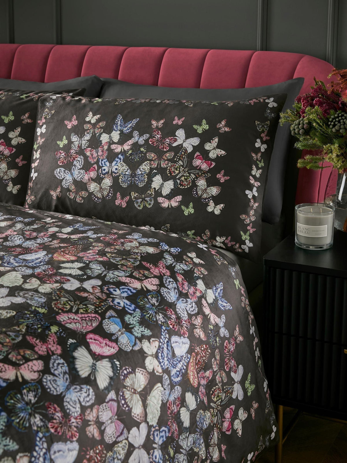 Soiree Charcoal Papillon Velvet Duvet Cover Set