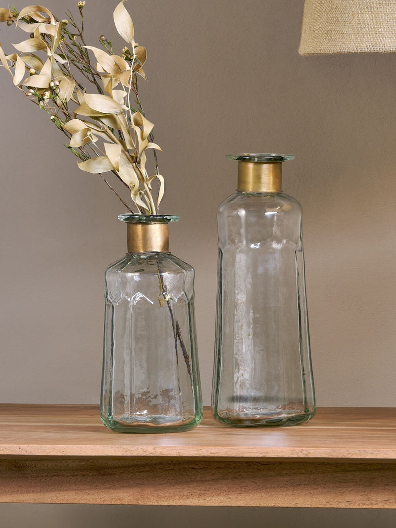 Nkuku Brass Chara Hammered Small Decorative Glass Bottle, imported from the UK