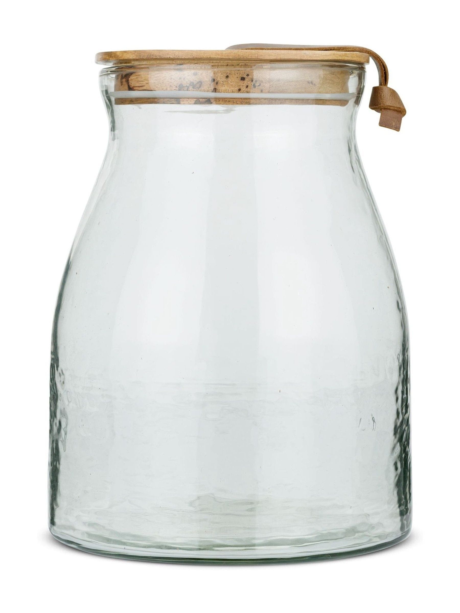 Nkuku Clear Shaan glass storage jar with wood lid, 25.5cm height, imported from the UK