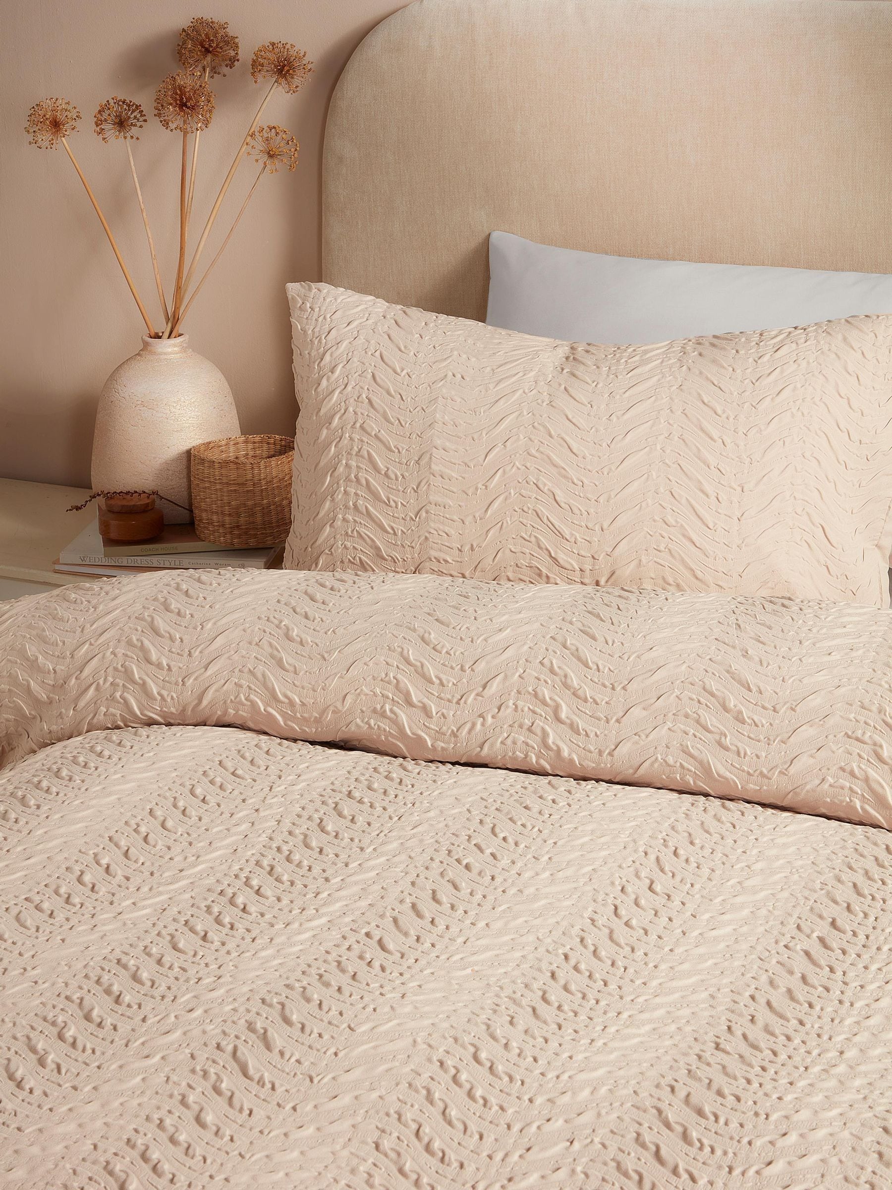 Serene Natural Embossed Curve Textured Duvet Cover Set