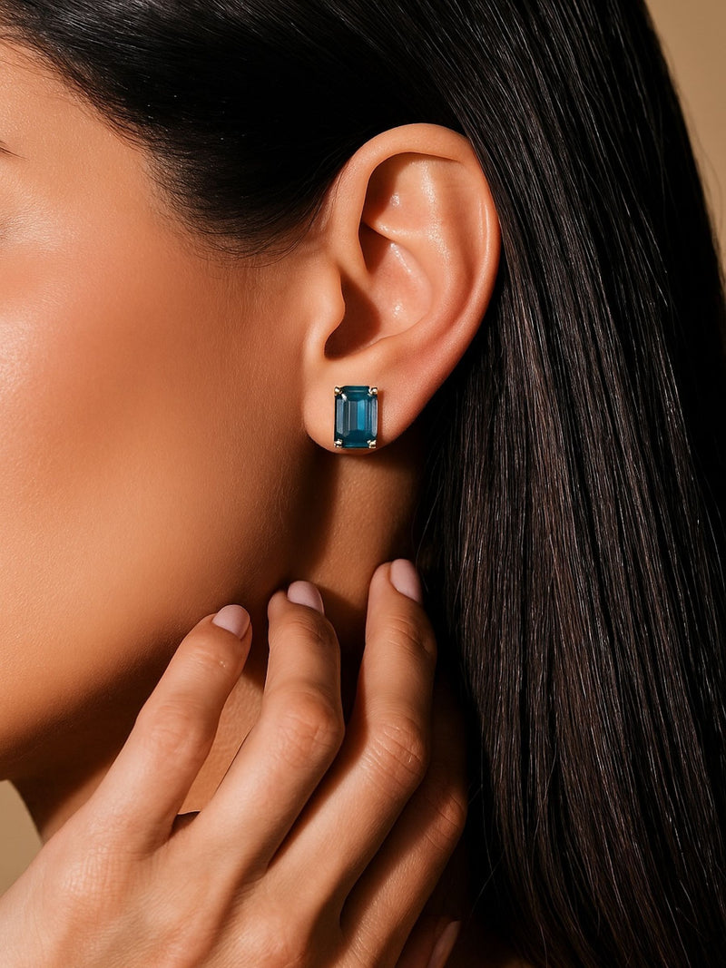 Soft Blue Stone Polished Gold Tone Stud Earrings