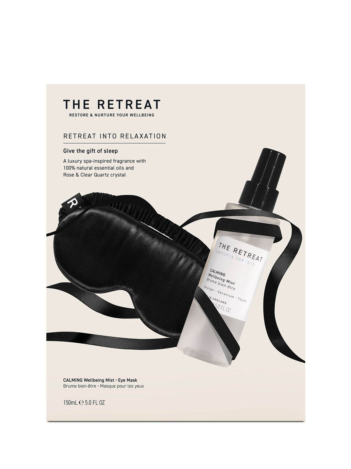 Relaxation gift set with Calming Wellbeing Mist and soft satin eye mask (British brand)