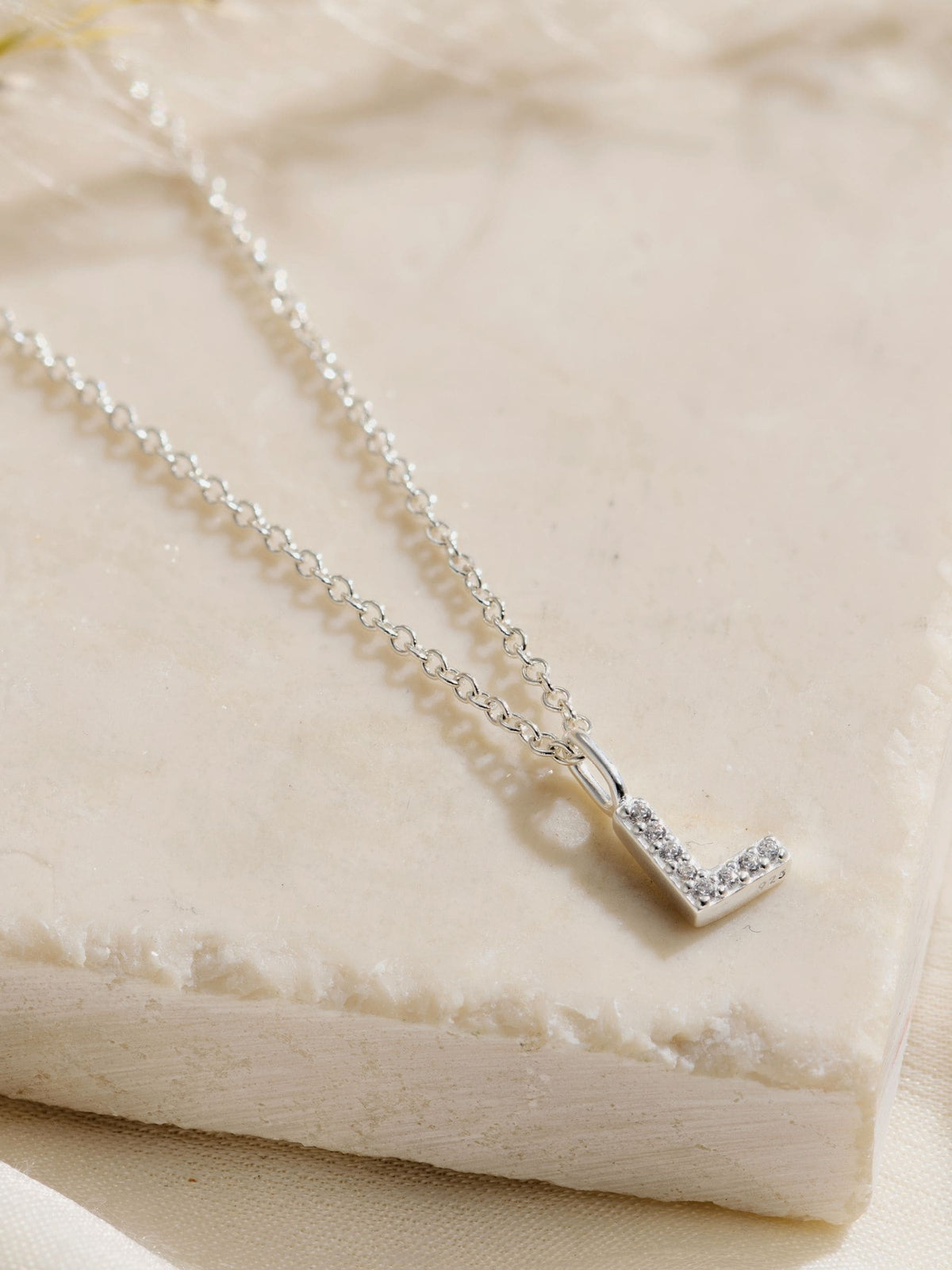 Posh Totty Designs silver tone CZ initial necklace, imported from the UK