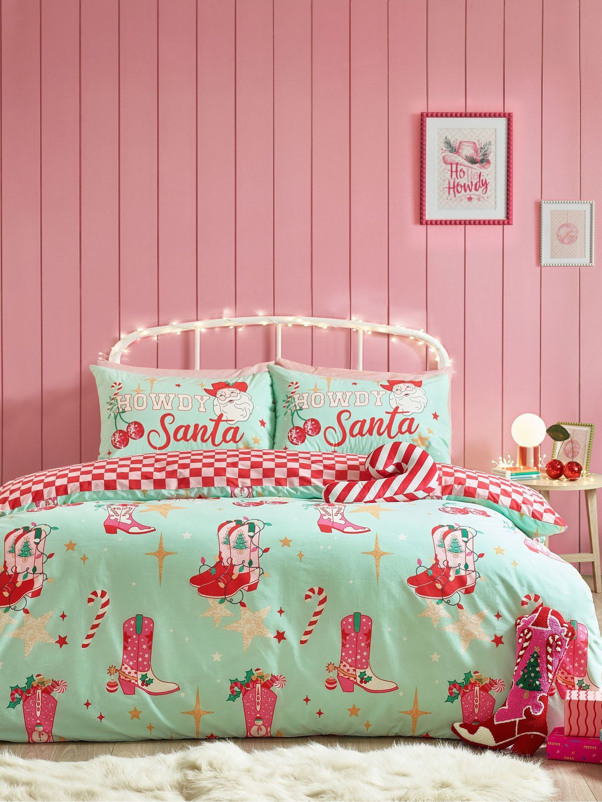 Catherine Lansfield Green Santas Howdy Christmas reversible duvet cover set - British product