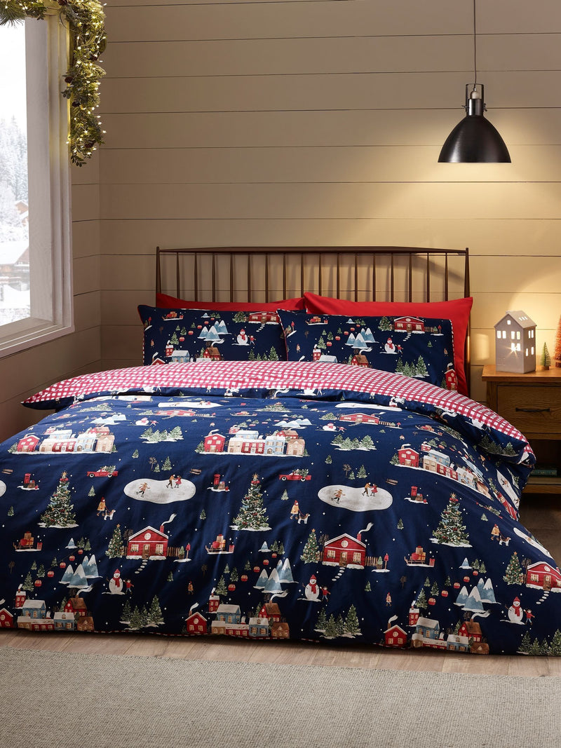 Catherine Lansfield Blue Christmas Town reversible duvet cover set - British product