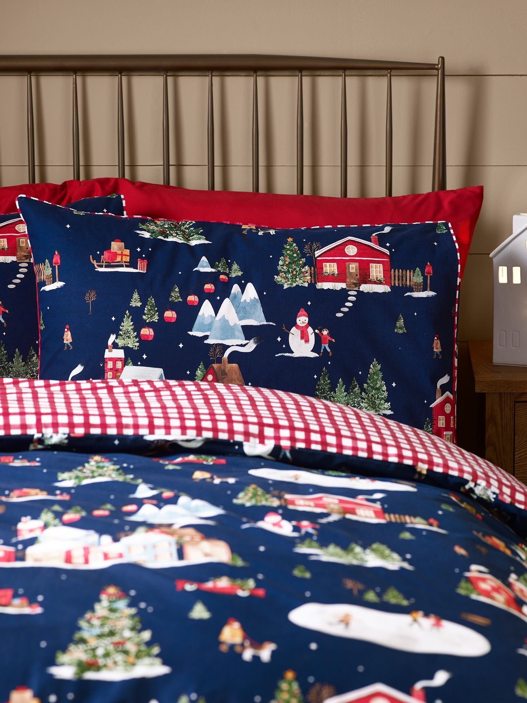 Catherine Lansfield Blue Christmas Town reversible duvet cover set - British product