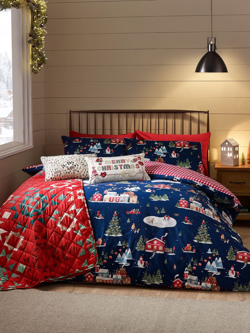Catherine Lansfield Blue Christmas Town reversible duvet cover set - British product