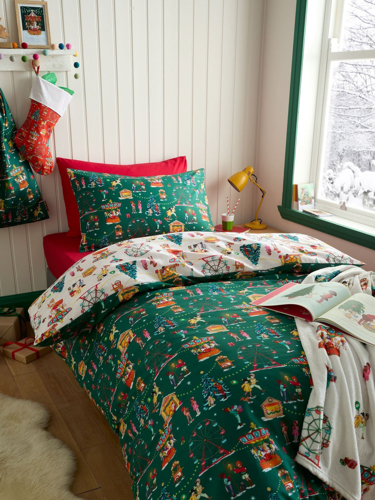 Belle & Boo Green Christmas Fairground cotton duvet cover set - British product