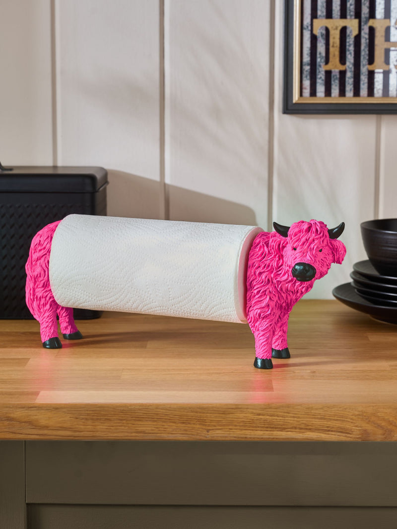 Pink Hamish Kitchen Roll Holder with Highland Cow Design
