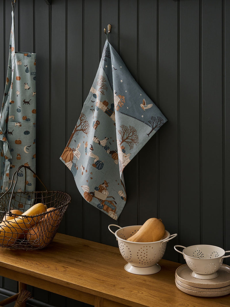 Sophie Allport Soft Teal Paws & Pumpkins Scene Tea Towel