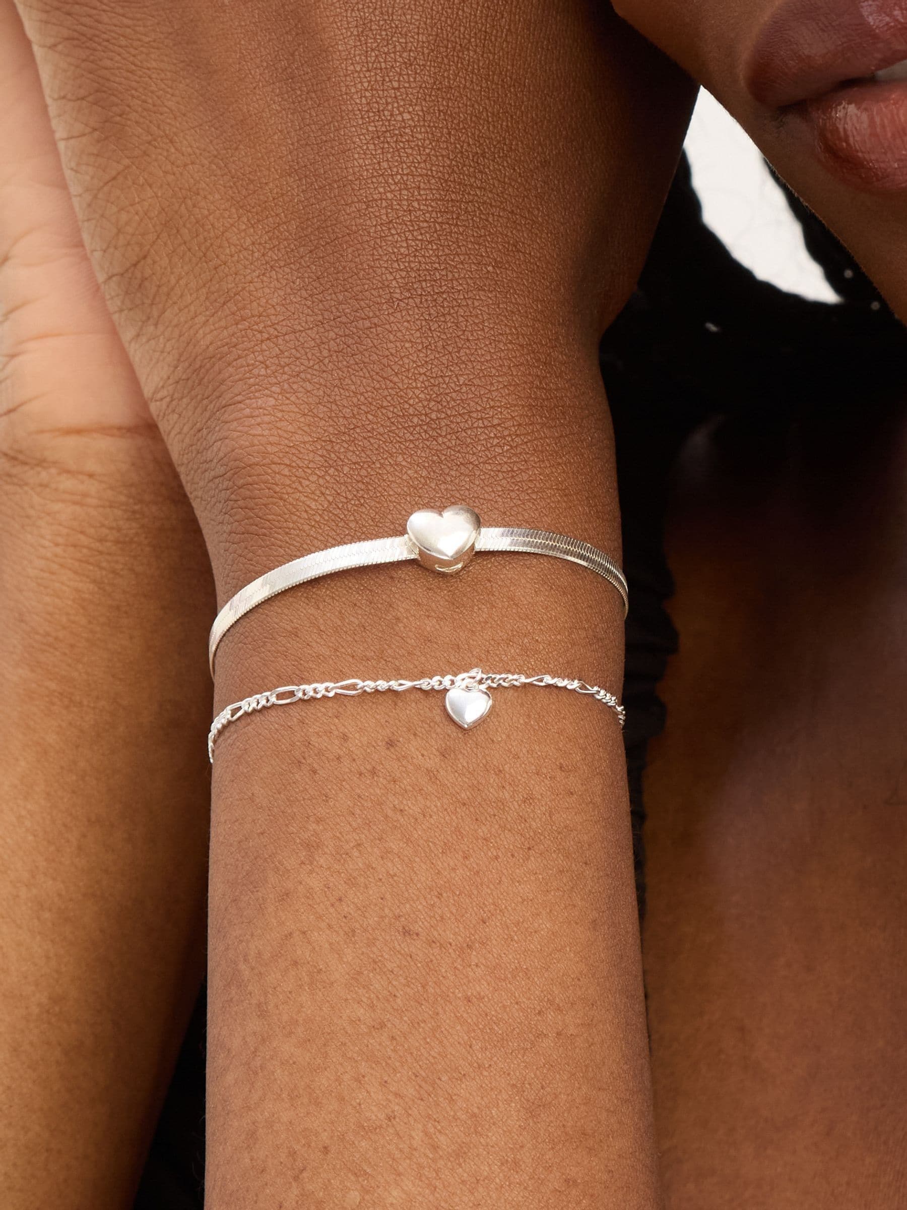 Sterling Silver 925 Polished Snake Chain Puff Heart Bracelet with Lobster Clasp, 457mm Length