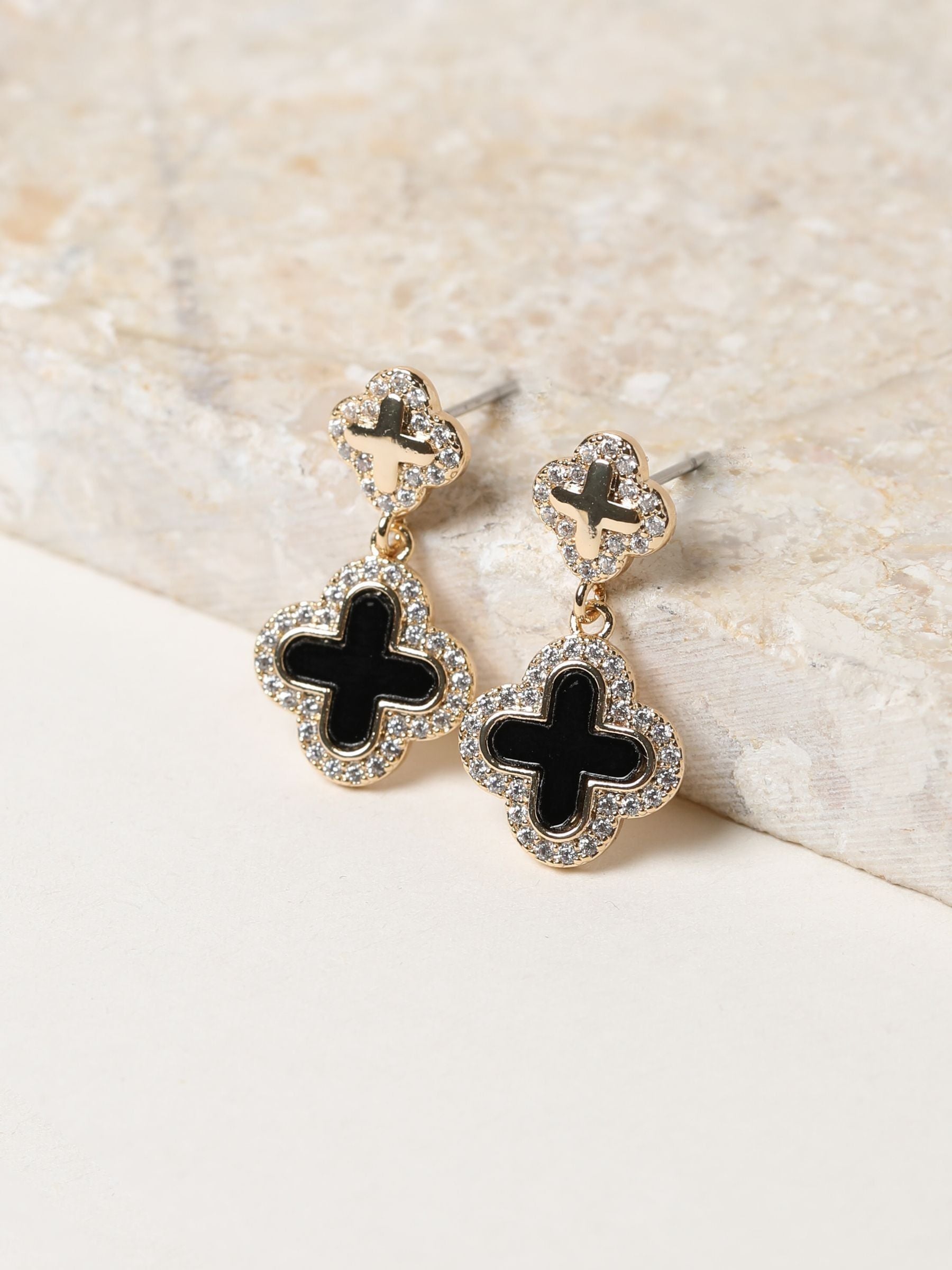 Jon Richard Gold Tone Pave Jet Enamel Clover Earrings