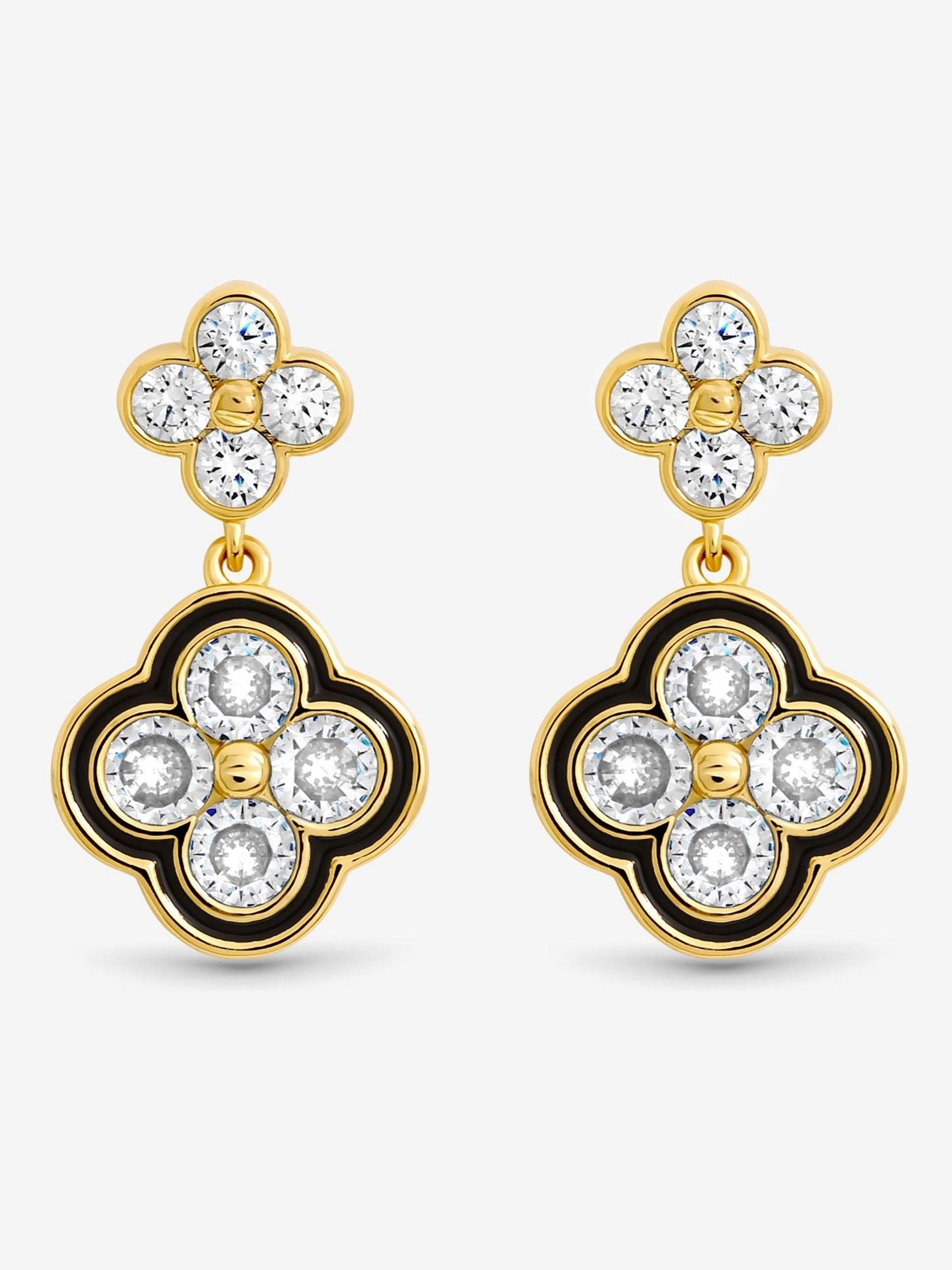 Gold Plated Jet and Crystal Clover Stud Earrings 13mm x 24mm