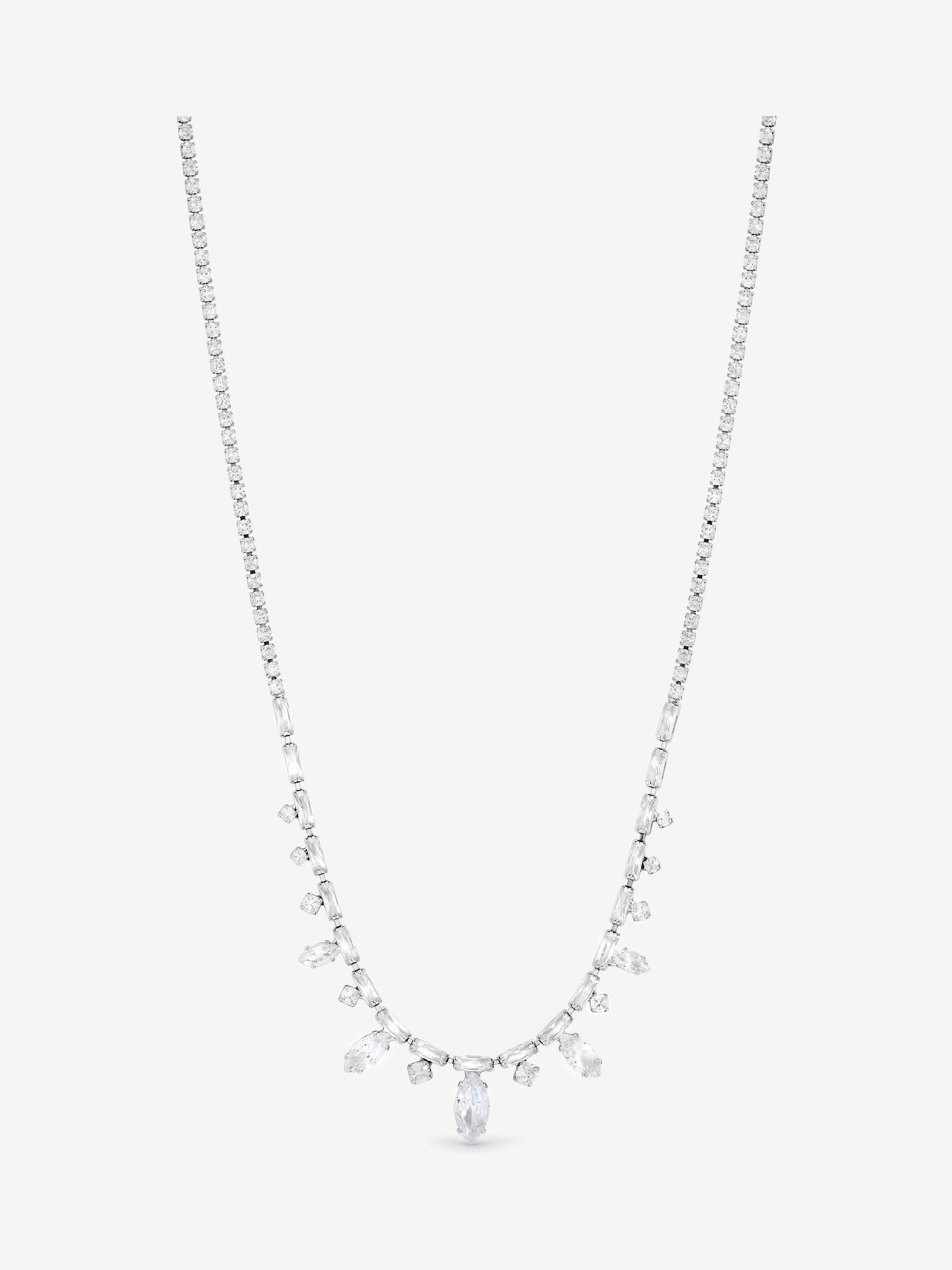 Rhodium Plated Cubic Zirconia Navette Drop Necklace