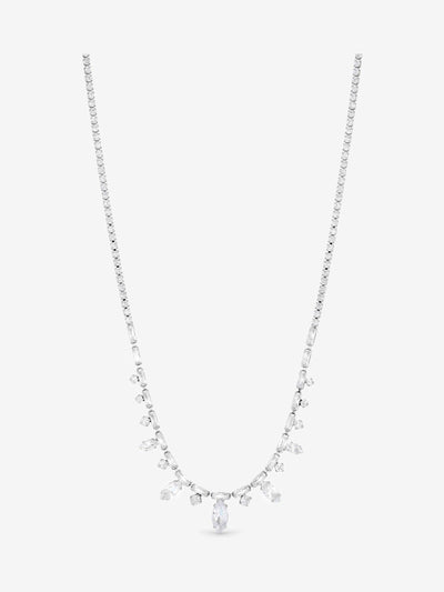 Rhodium Plated Cubic Zirconia Navette Drop Necklace