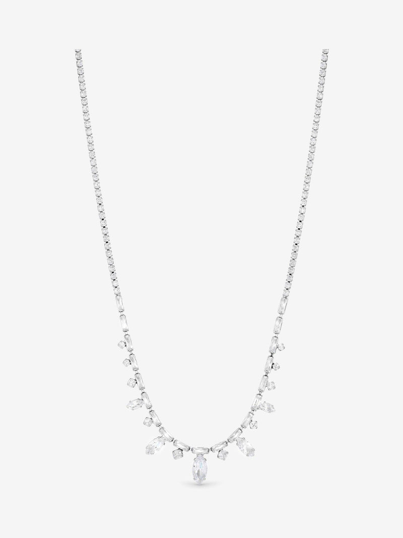 Rhodium Plated Cubic Zirconia Navette Drop Necklace