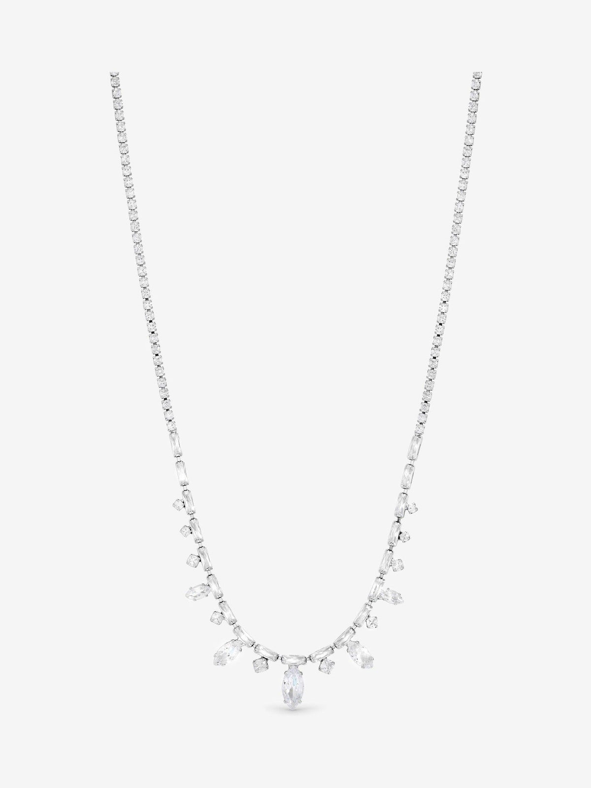 Rhodium Plated Cubic Zirconia Navette Drop Necklace