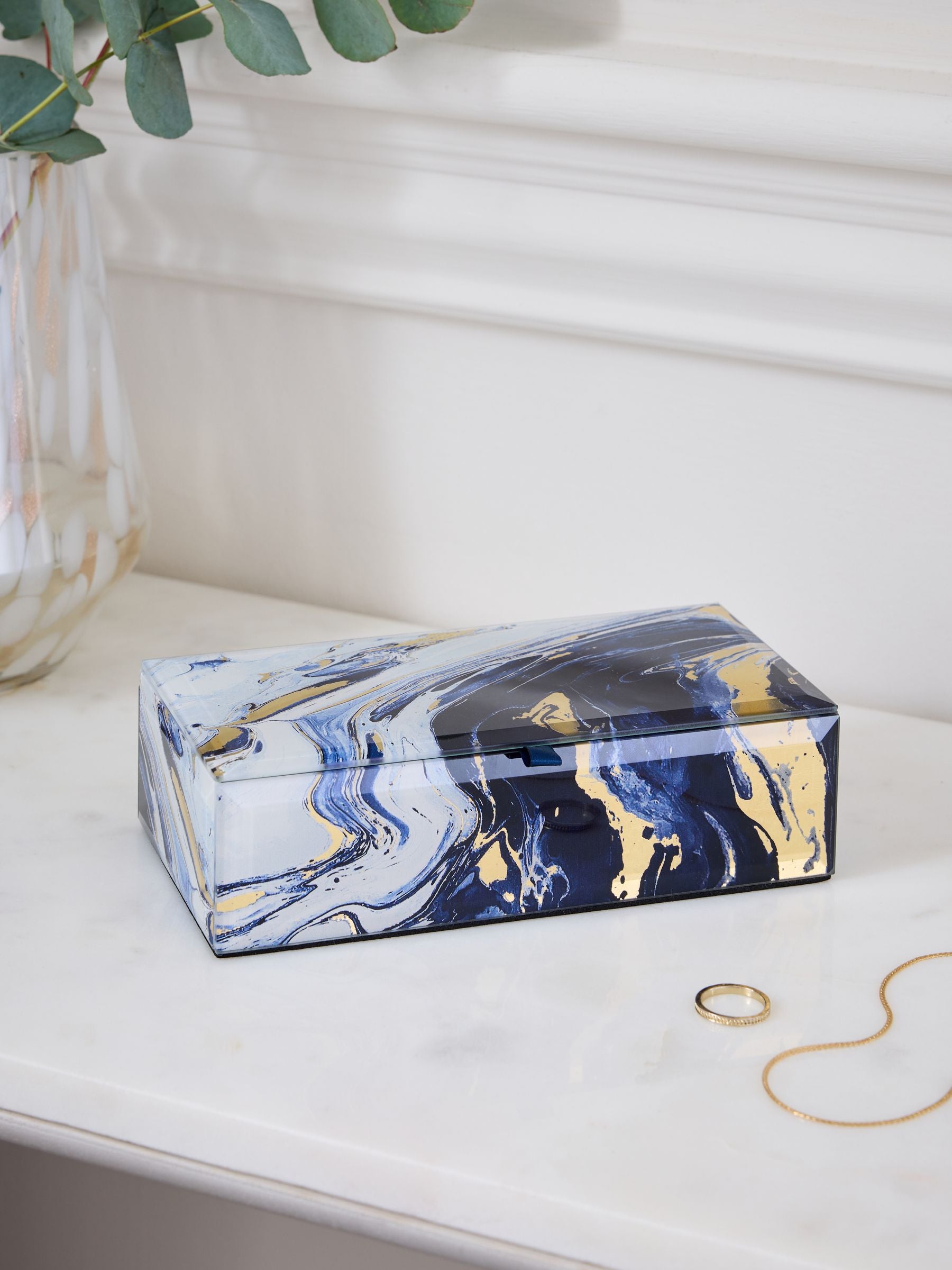 Navy marble effect glass jewellery box with velvet lining, imported from the UK