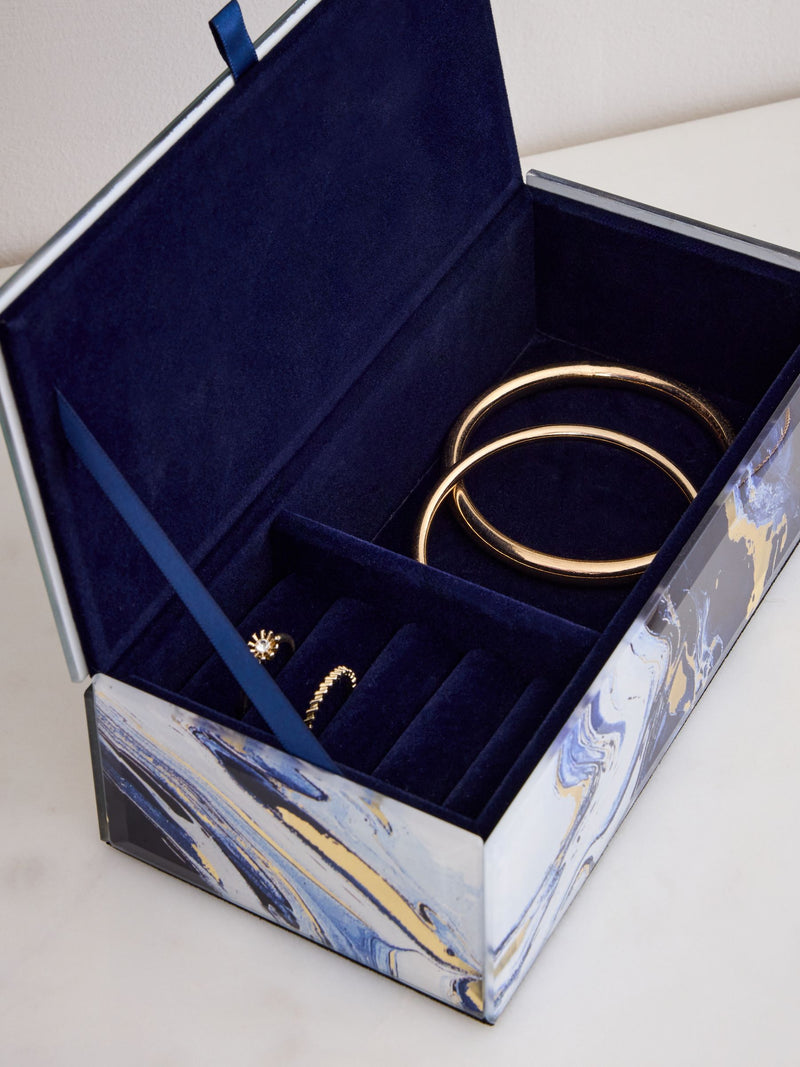 Navy marble effect glass jewellery box with velvet lining, imported from the UK