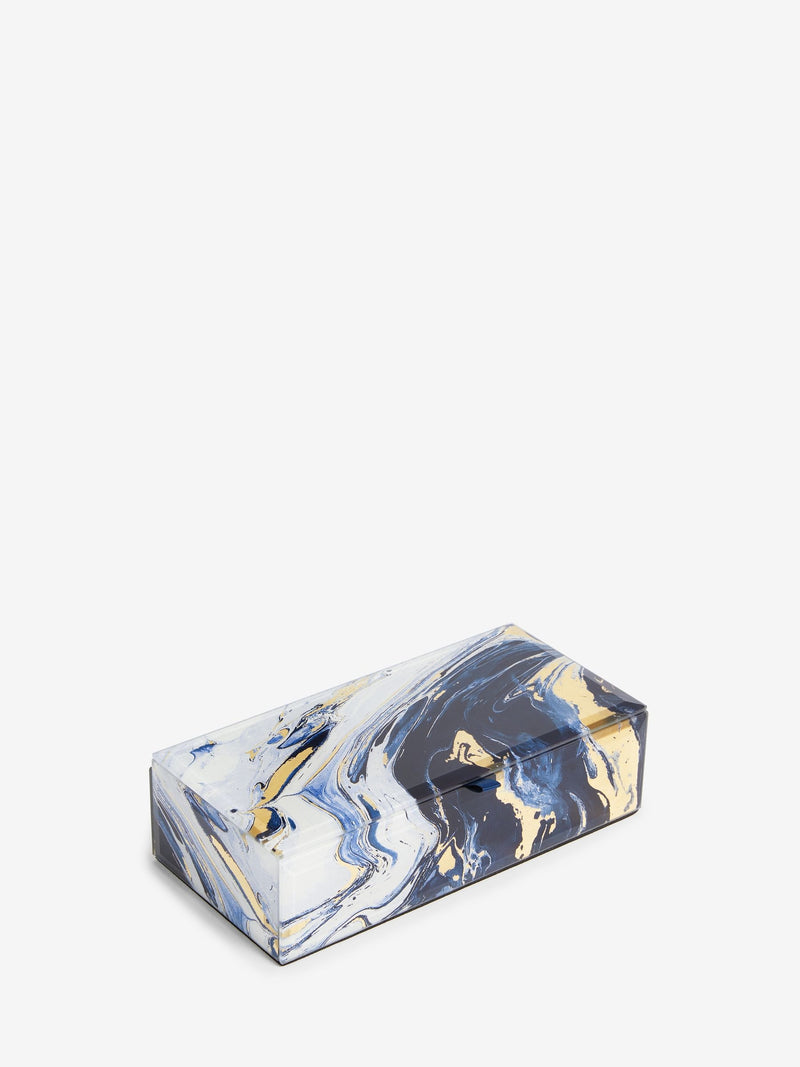 Navy marble effect glass jewellery box with velvet lining, imported from the UK