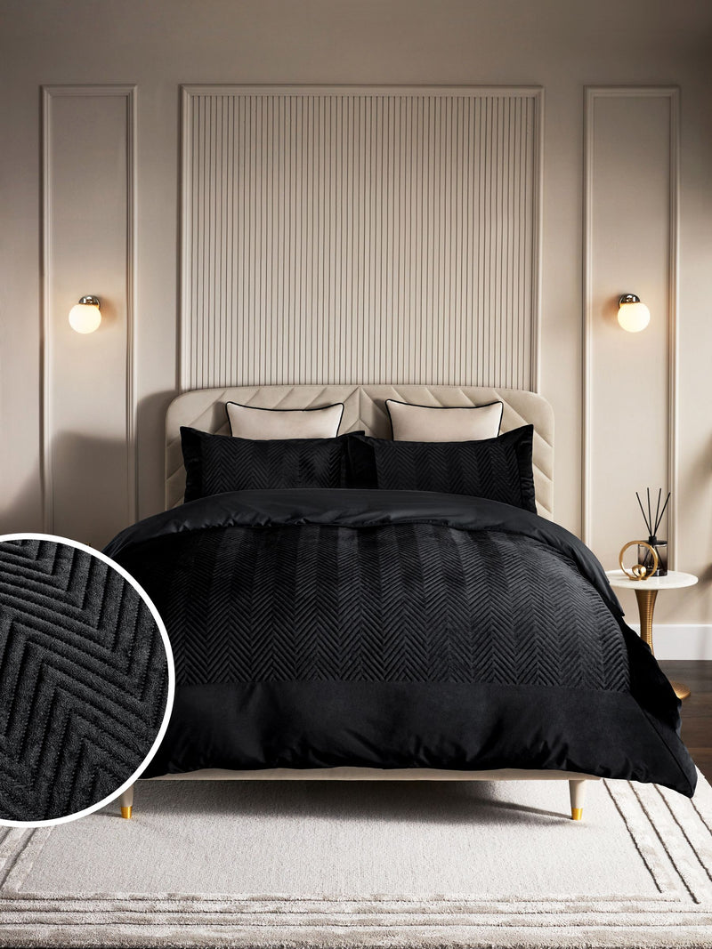 Madison black quilted velvet duvet cover and pillowcase set - British product